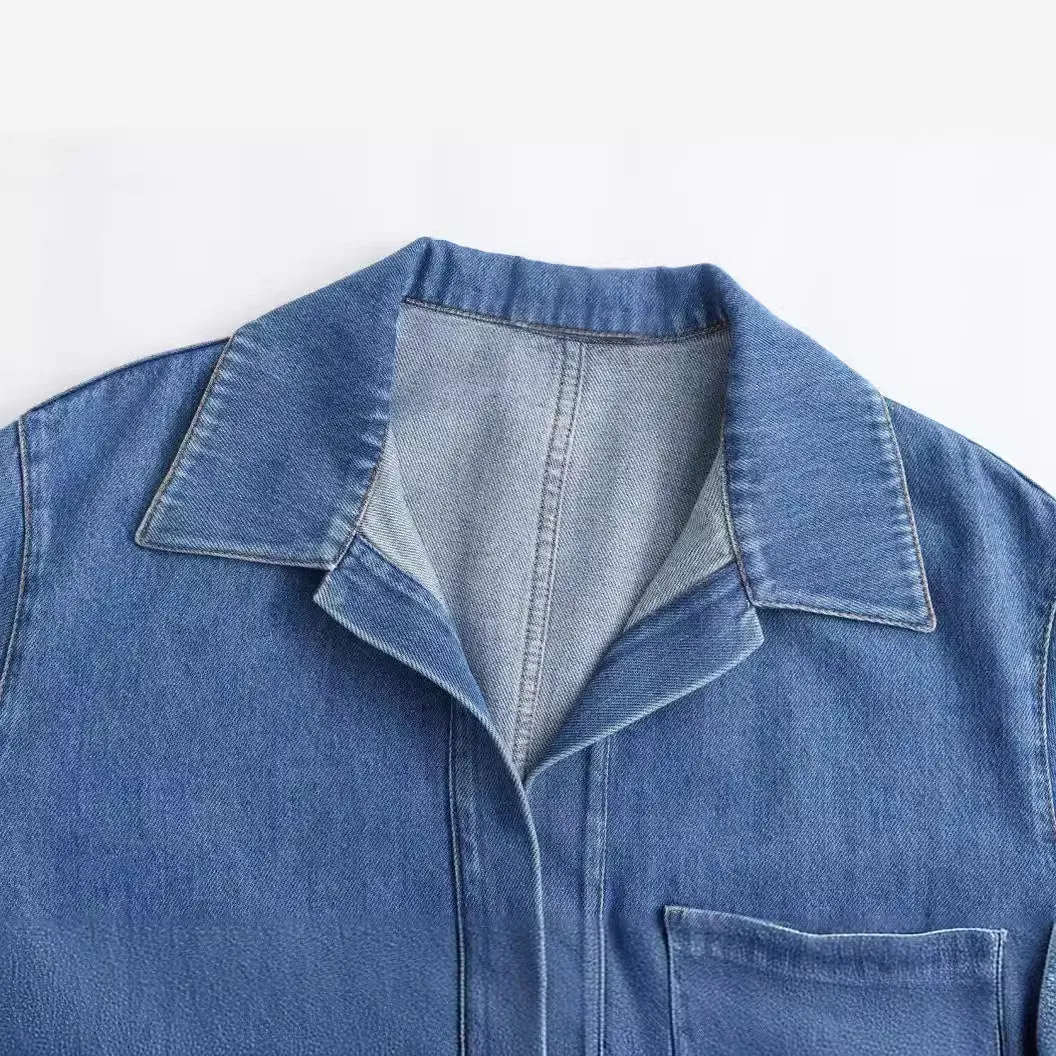 Pre Order:  Retro Solid Lapel Long Sleeve Denim Shirt   Wide Leg Denim Pants