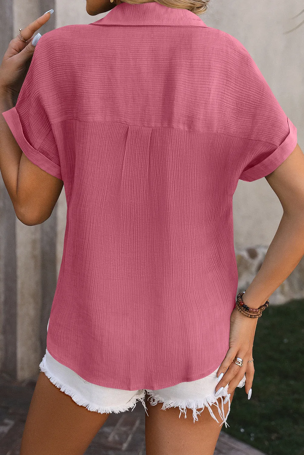 Rose Red Crinkle Textured Cuffed Short Sleeve Blouse