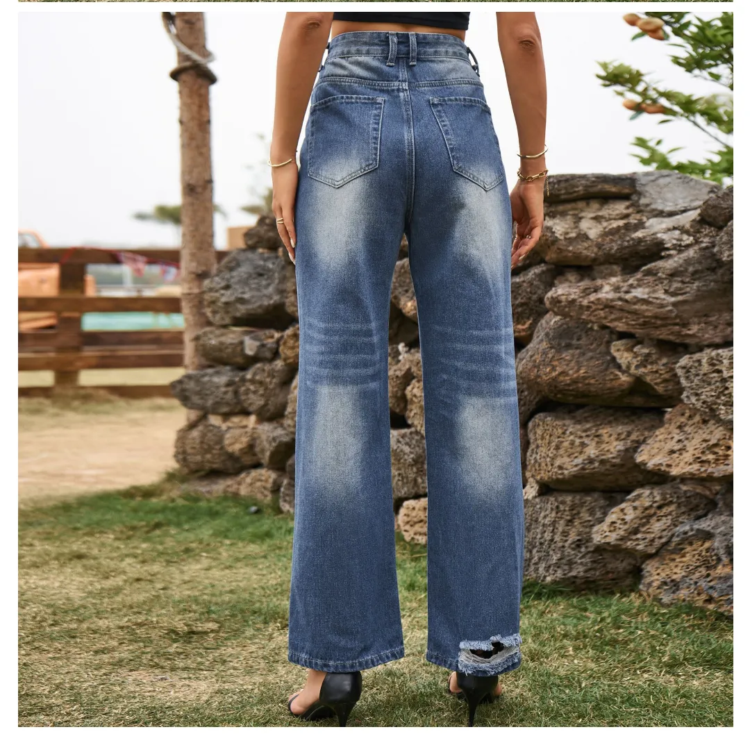 Slimming Ripped Denim Wide Leg Pants Trousers Casual Pants Women