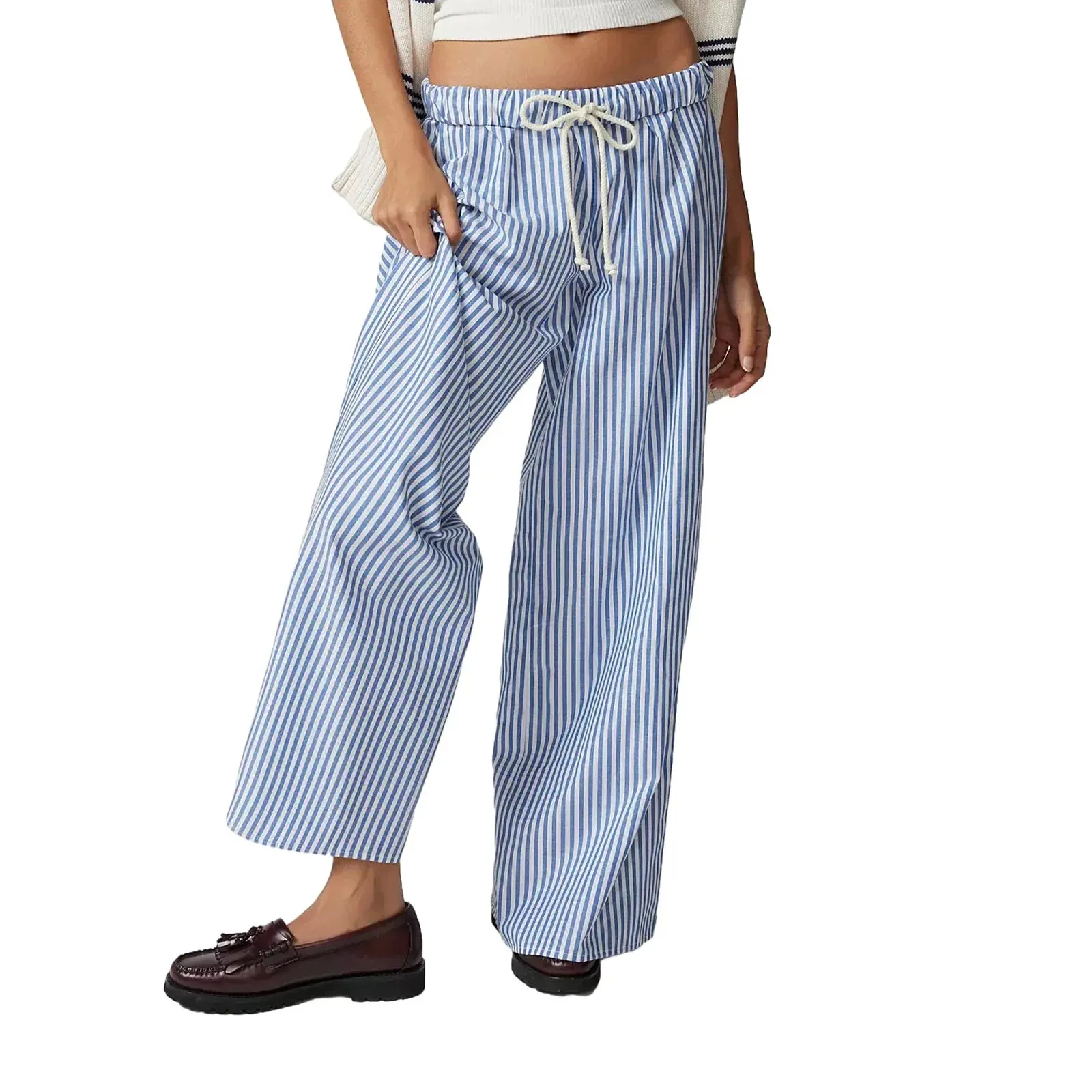 Striped Wide Leg Casual Comfy Drawstring Elastic Waist Pajama Loungerwear Y2k Pants
