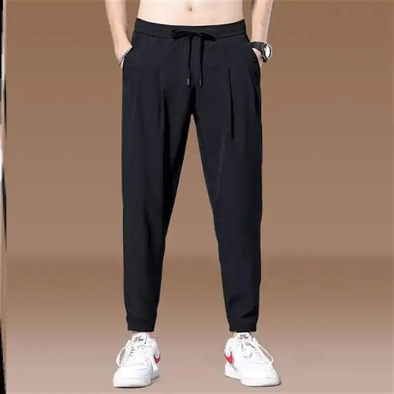Summer Fashion Elastic Waist Solid Color Trousers Men Casual Loose Straight Cylinder Korean Drawstring All-match Sports Pants
