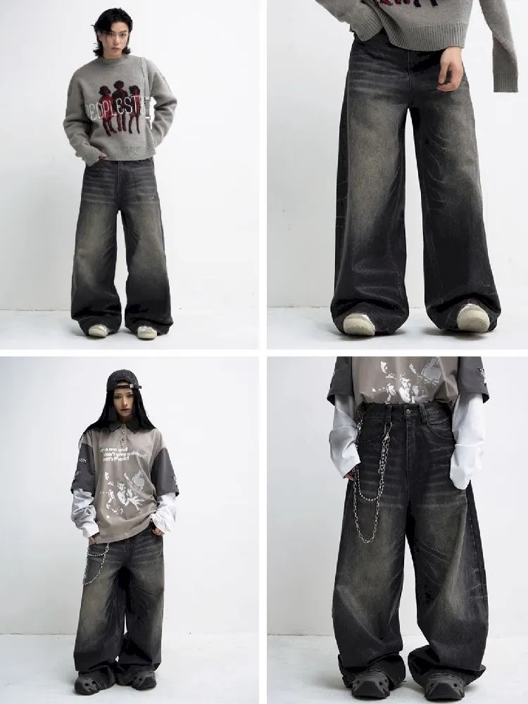 Washed Black Wide Leg Jeans【s0000010444】