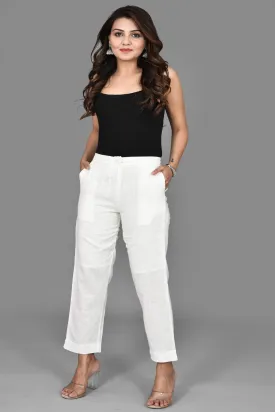 White Solid Straight Cut Pants with Pockets