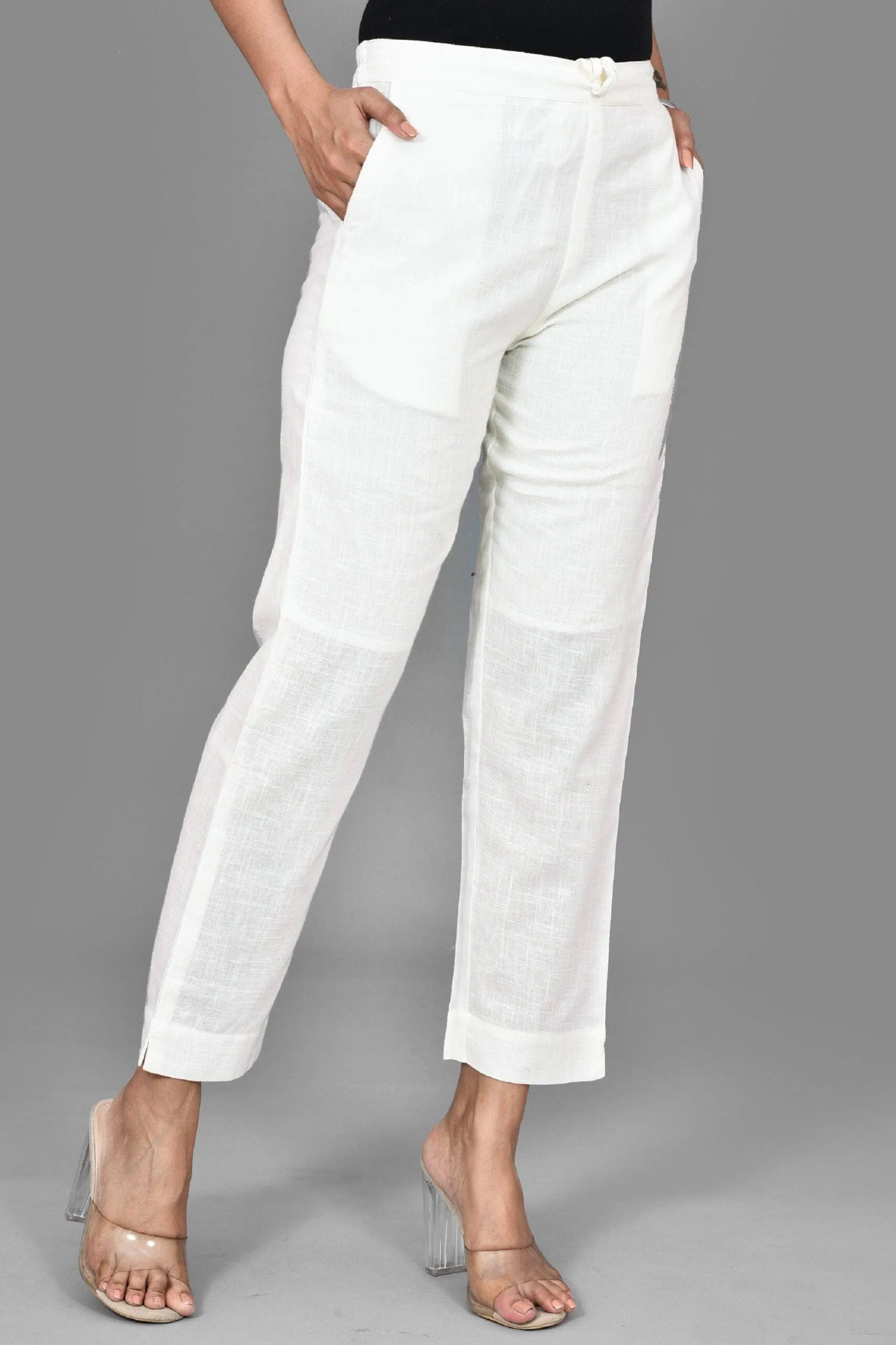 White Solid Straight Cut Pants with Pockets