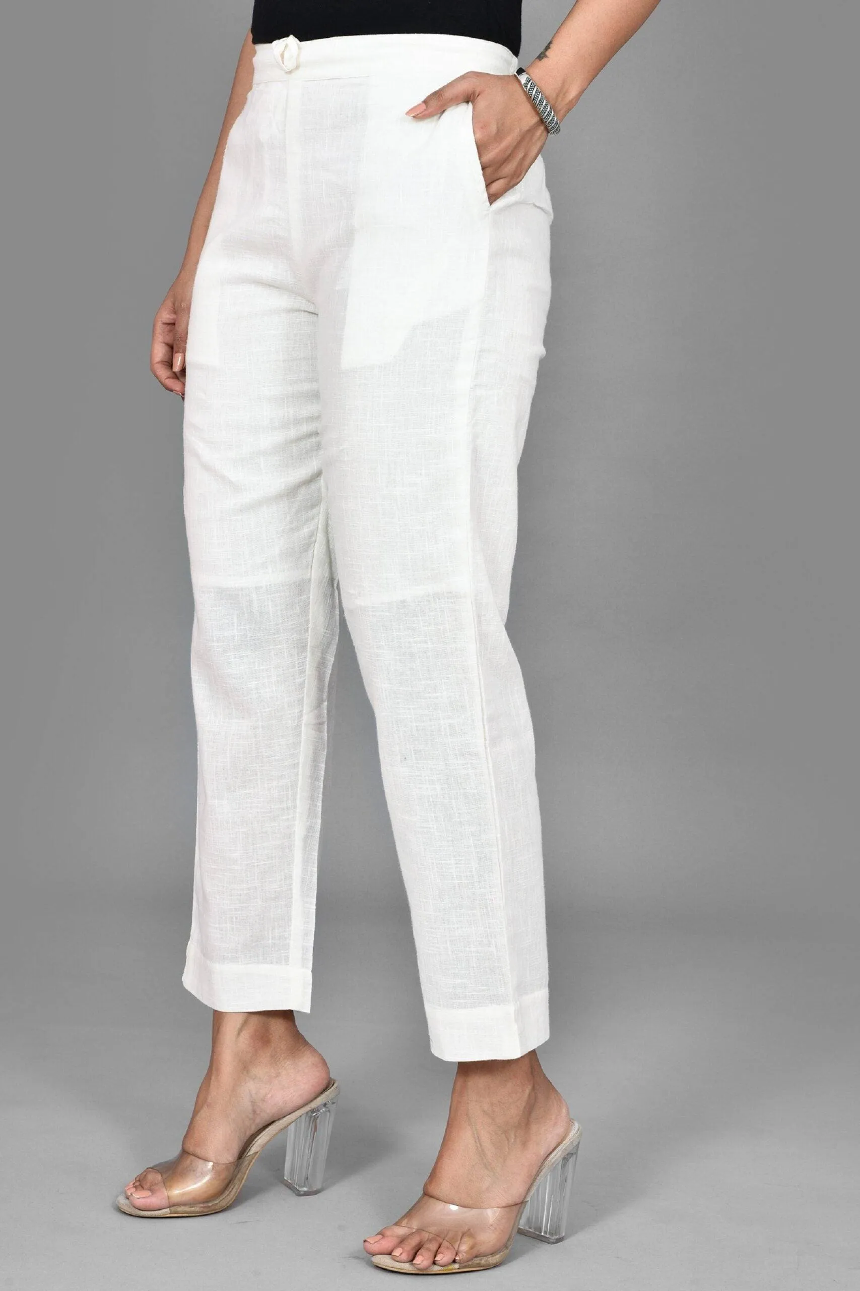 White Solid Straight Cut Pants with Pockets