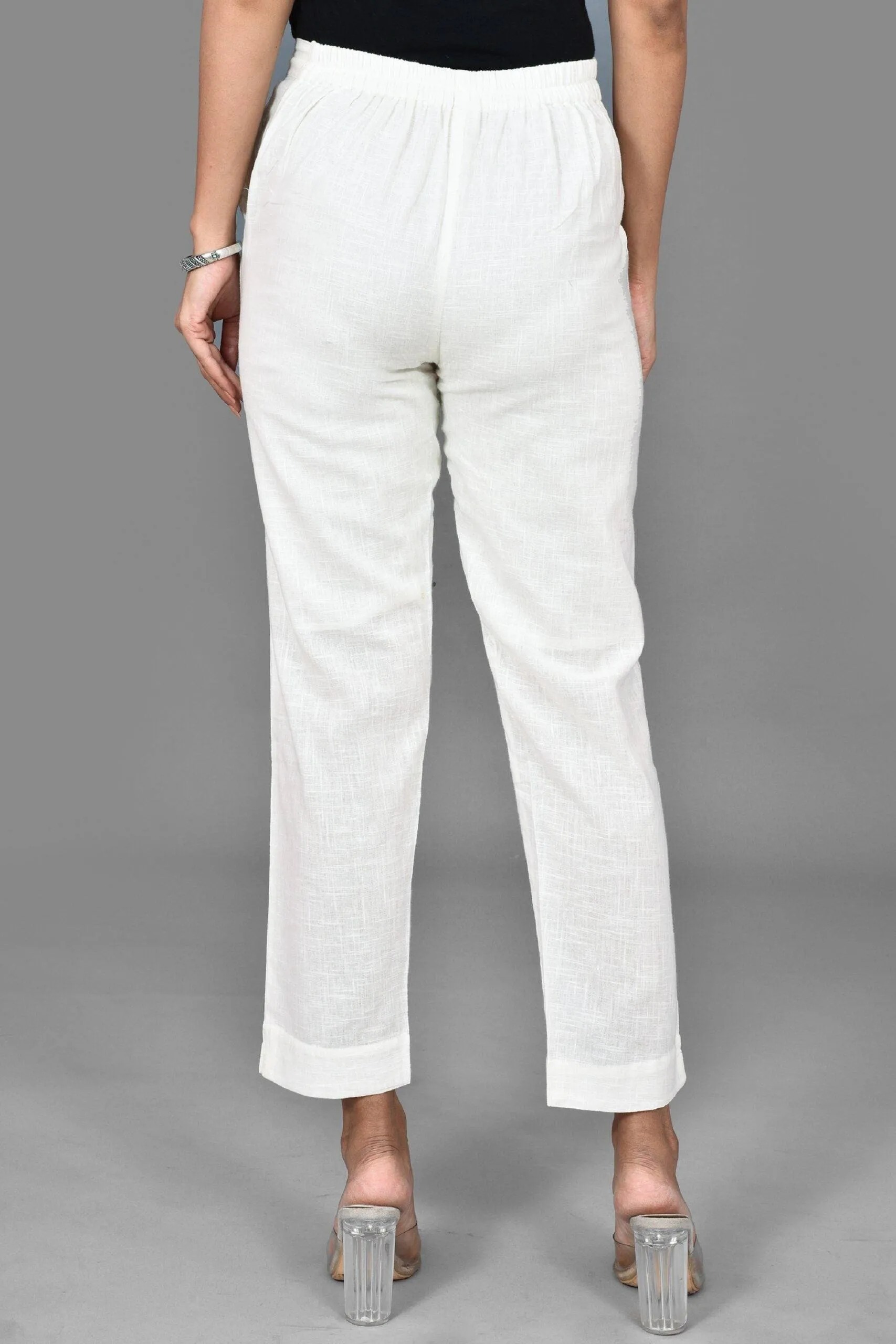 White Solid Straight Cut Pants with Pockets