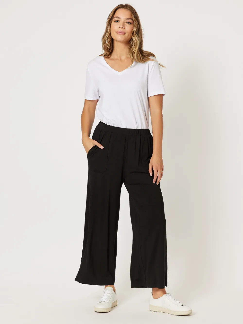 Wide Leg Side Pocket Jersey Pant - Black