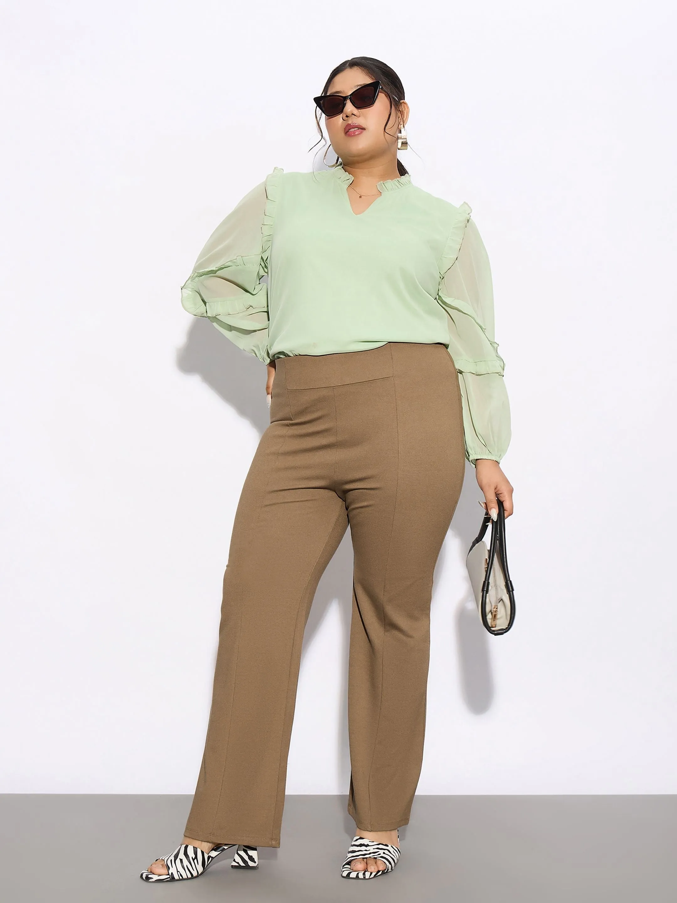 Women Beige Front Seam Straight Pants