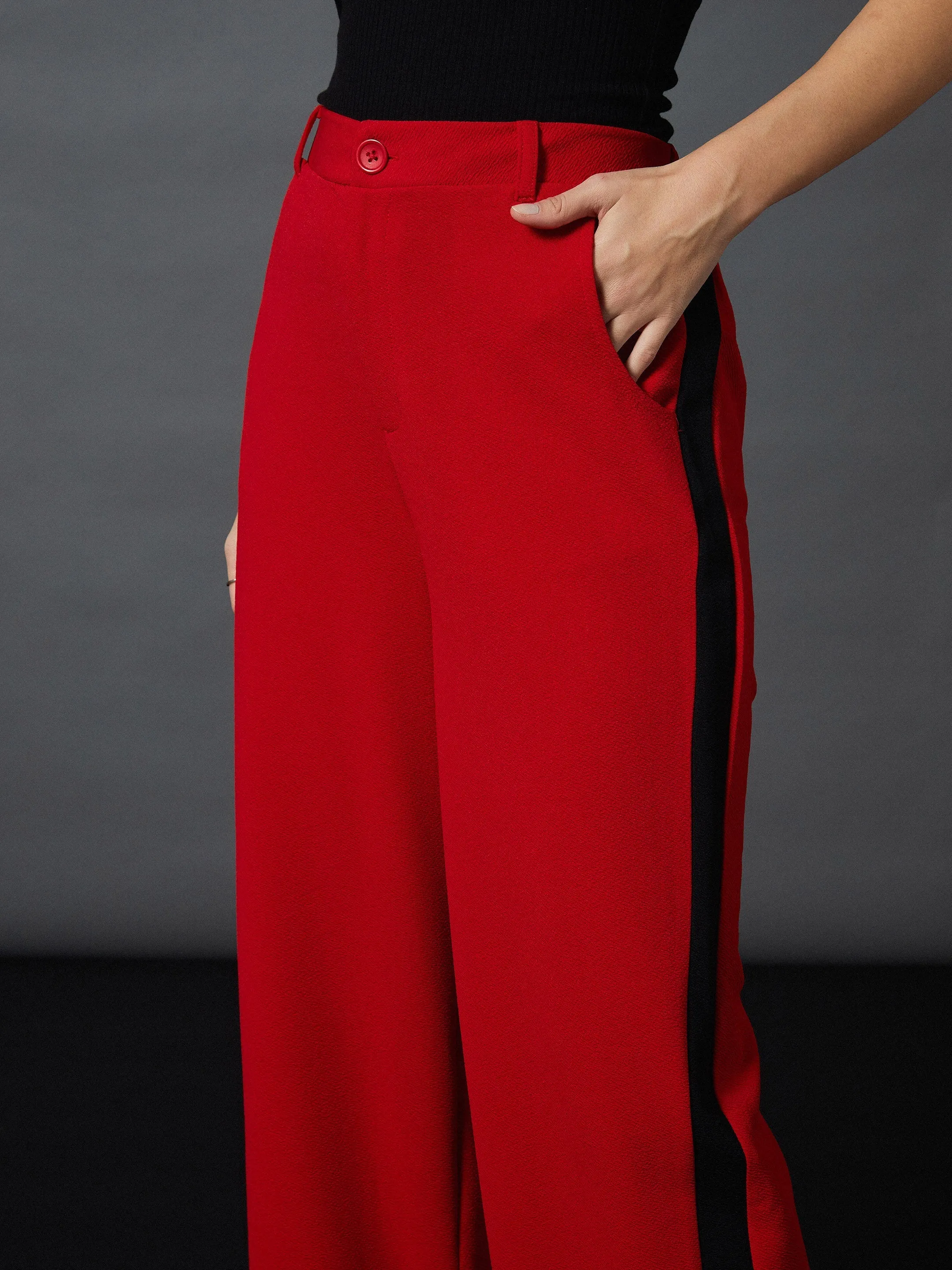 Women Red Front Button Blazer With Straight Pants