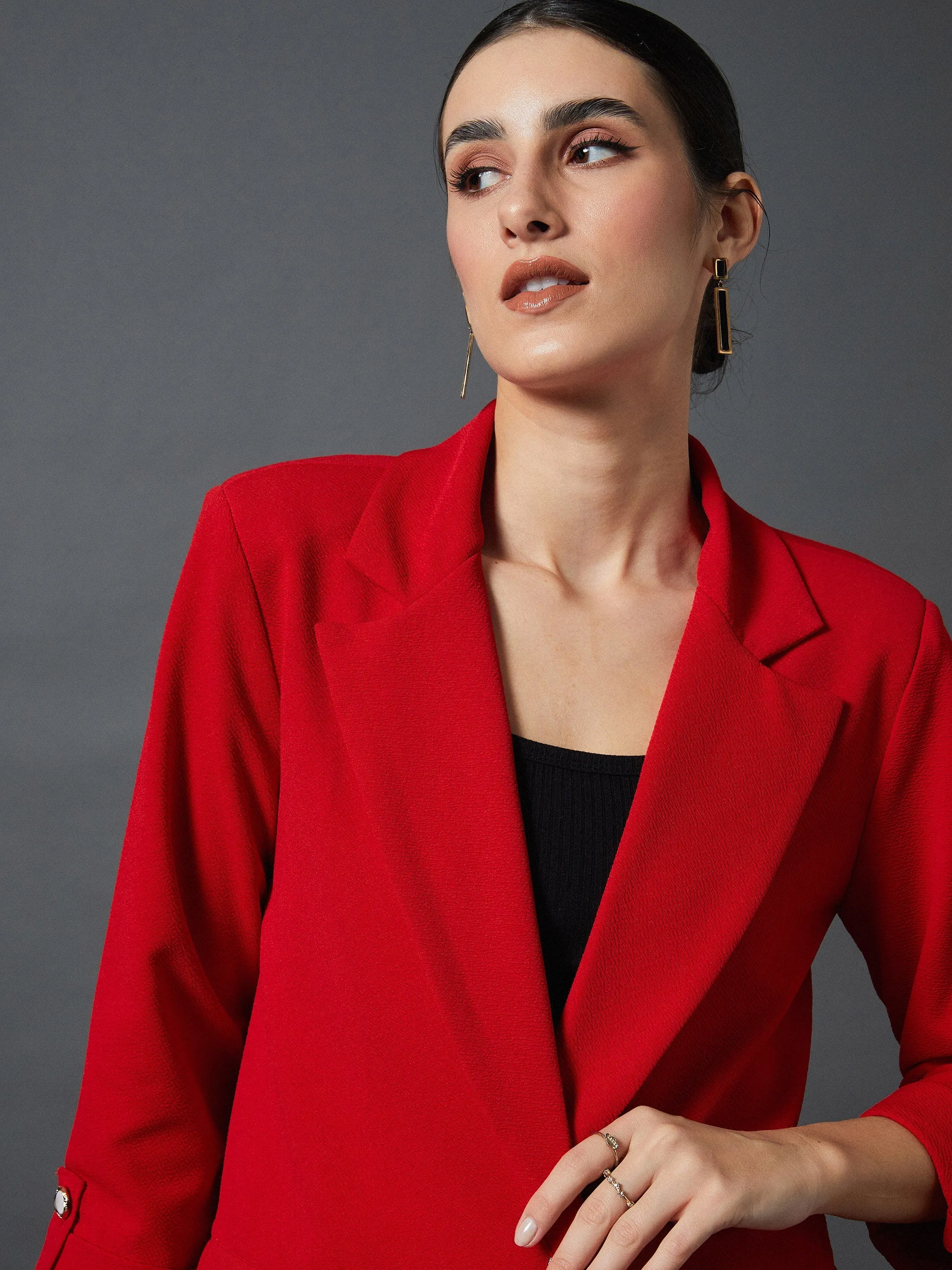 Women Red Front Button Blazer With Straight Pants