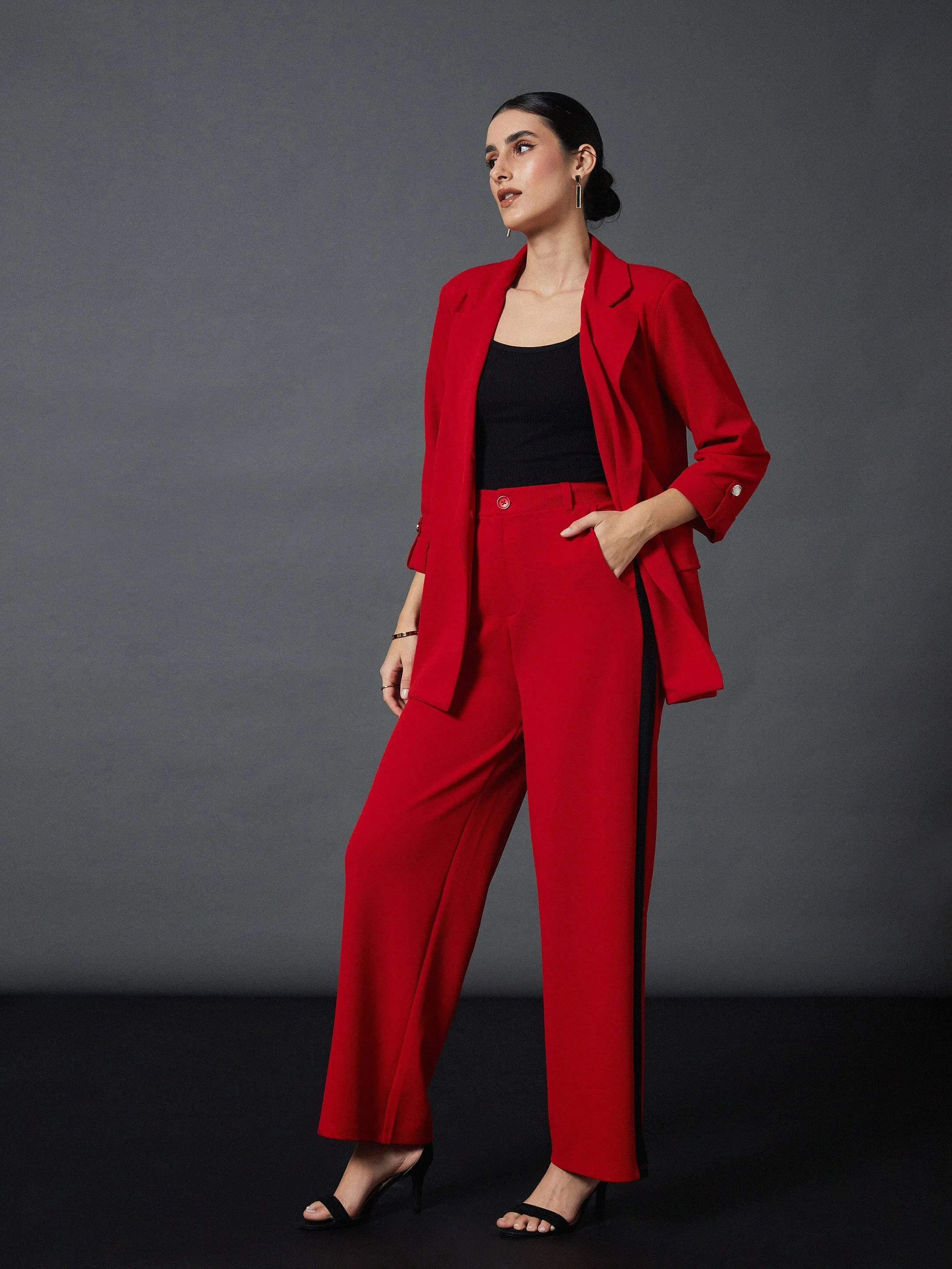 Women Red Front Button Blazer With Straight Pants
