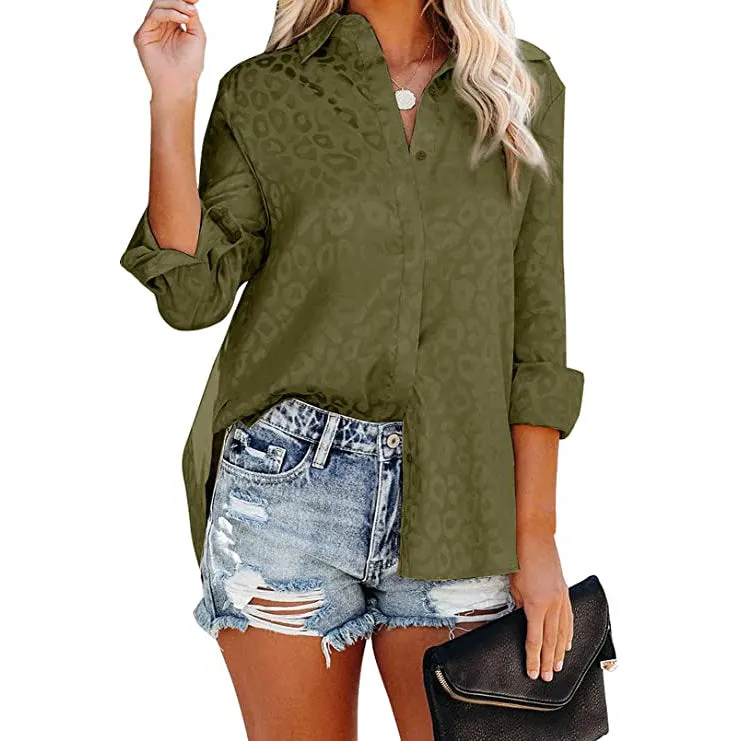Women's V Neck Satin Embossed Roll Up Cuff Button Shirt Top