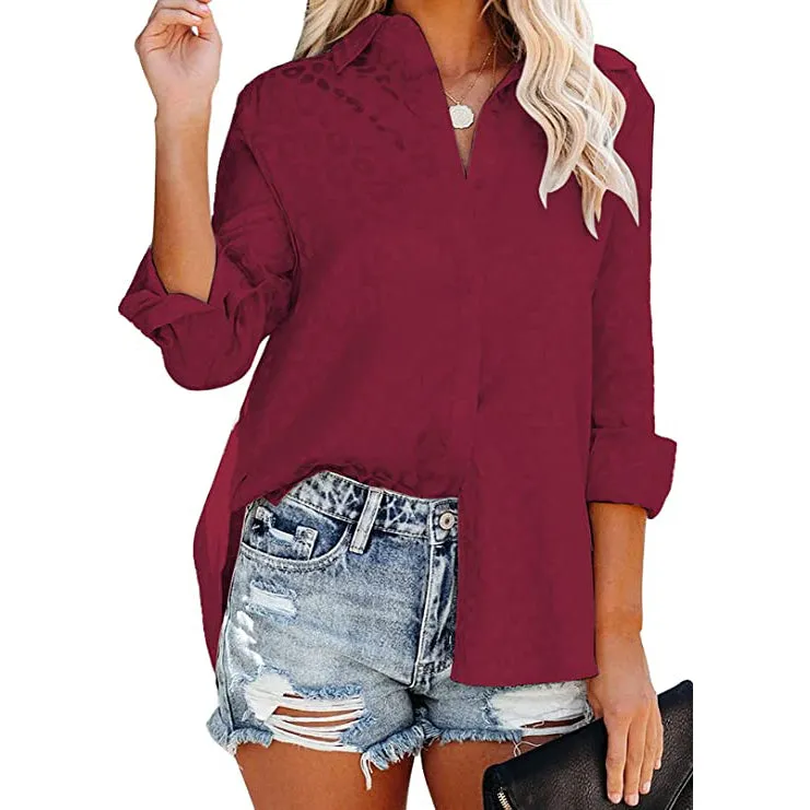 Women's V Neck Satin Embossed Roll Up Cuff Button Shirt Top