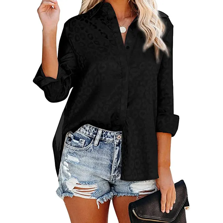 Women's V Neck Satin Embossed Roll Up Cuff Button Shirt Top