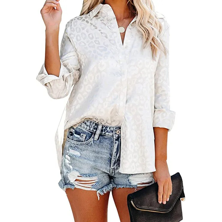 Women's V Neck Satin Embossed Roll Up Cuff Button Shirt Top