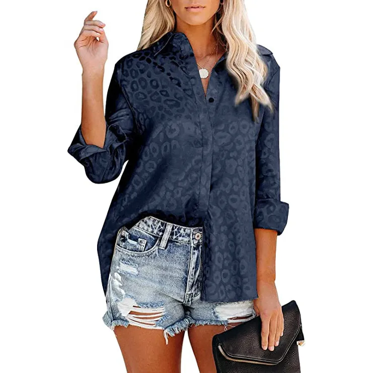Women's V Neck Satin Embossed Roll Up Cuff Button Shirt Top