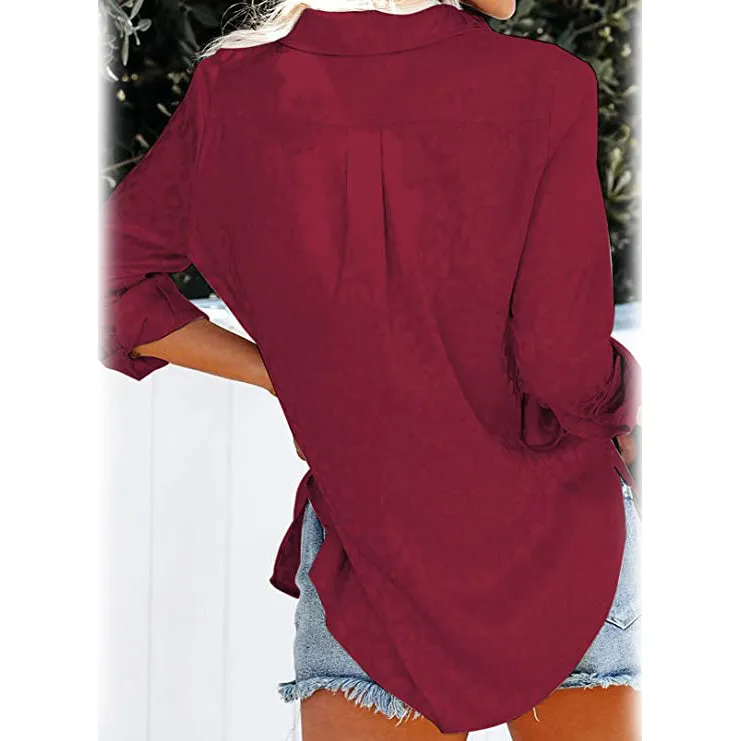 Women's V Neck Satin Embossed Roll Up Cuff Button Shirt Top