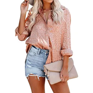 Women's V Neck Satin Embossed Roll Up Cuff Button Shirt Top