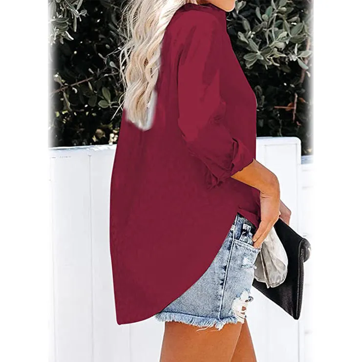 Women's V Neck Satin Embossed Roll Up Cuff Button Shirt Top
