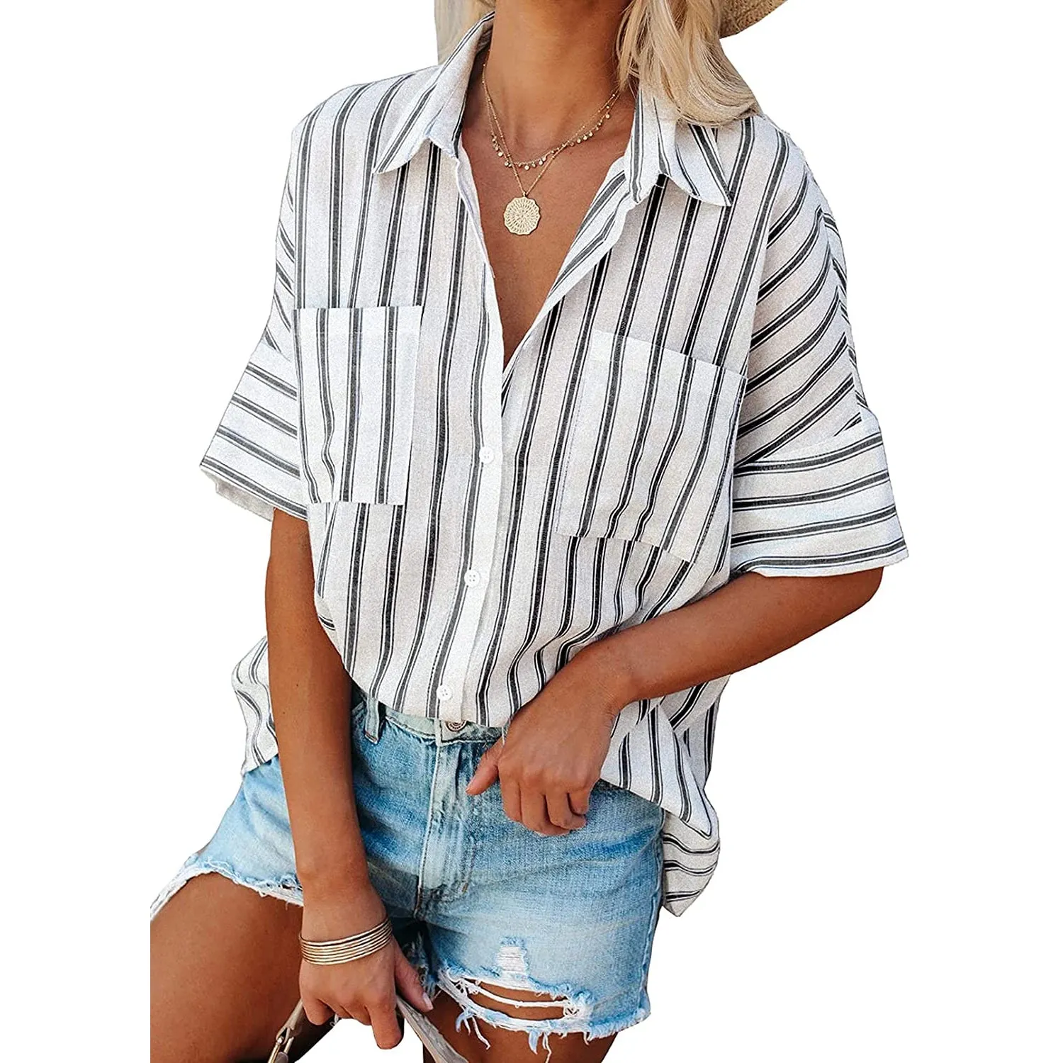Women's V Neck Striped Roll Up Cuff Button Shirt Top