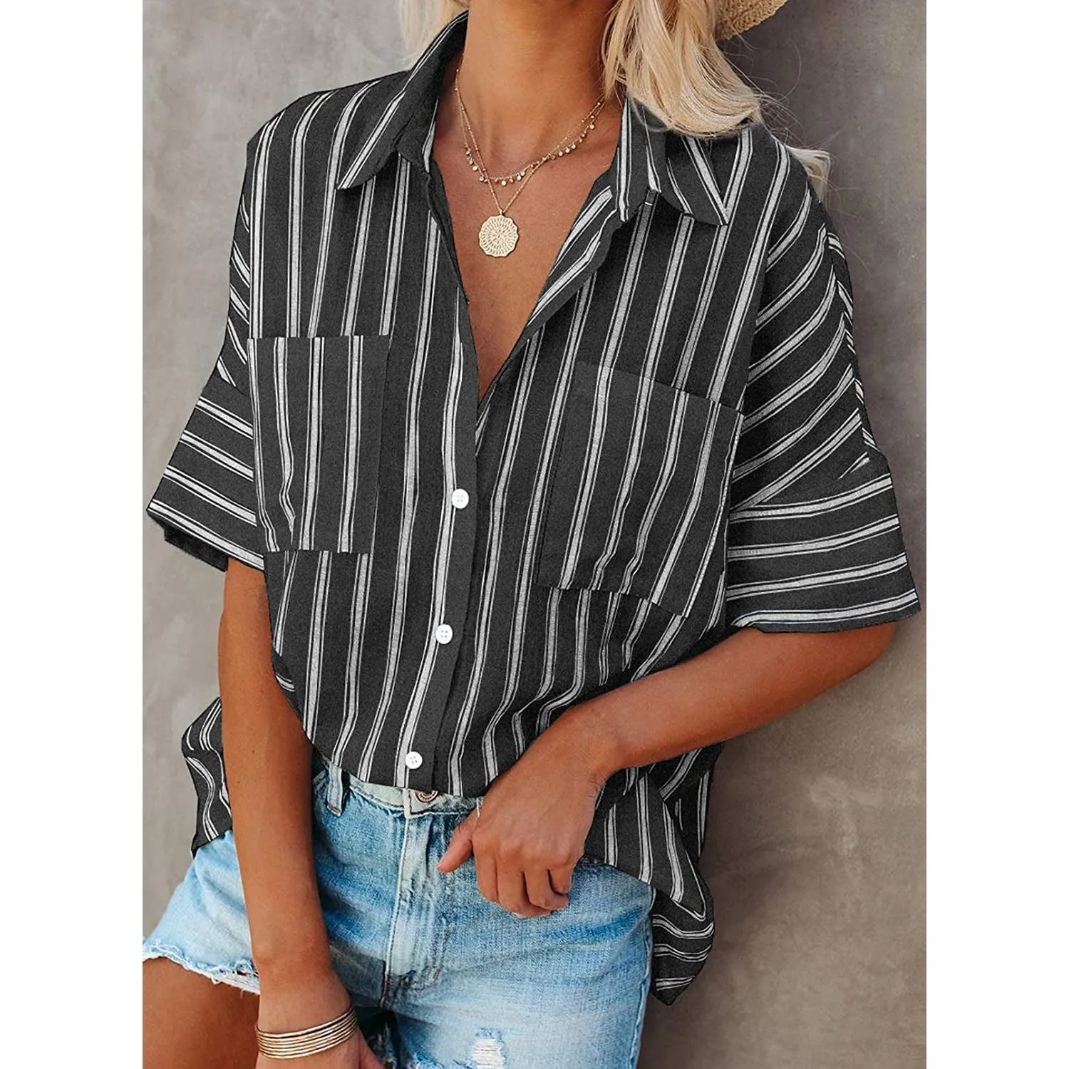 Women's V Neck Striped Roll Up Cuff Button Shirt Top