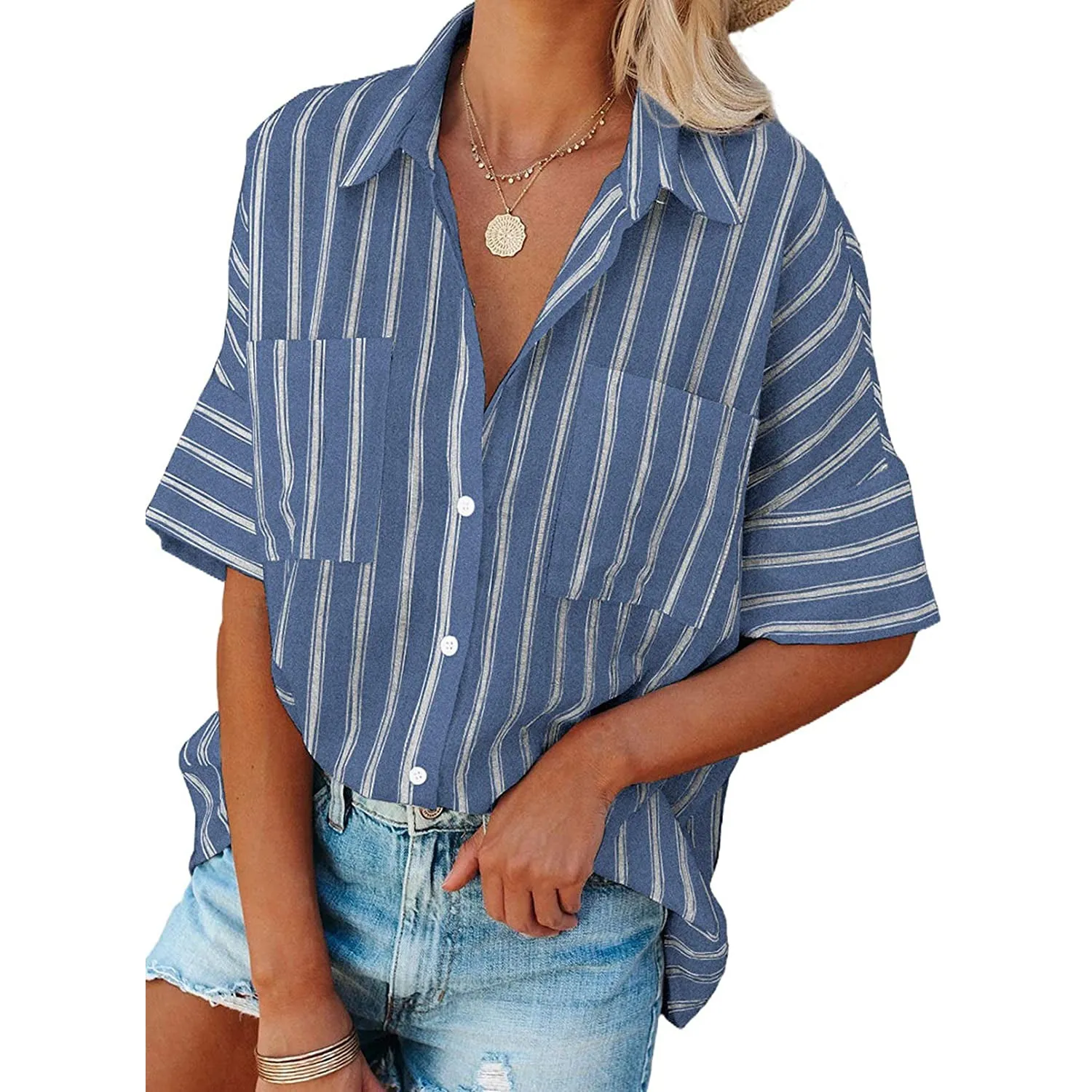 Women's V Neck Striped Roll Up Cuff Button Shirt Top
